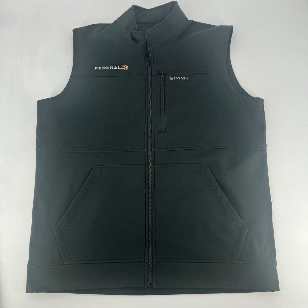 Simms Mens XL Black Softshell Fleece Lined Fishing Vest Federal Logo Full Zip